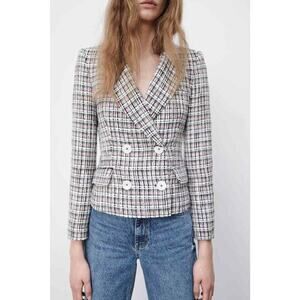 Zara Textured Double Tweed Breasted Blazer Classic Preppy Large